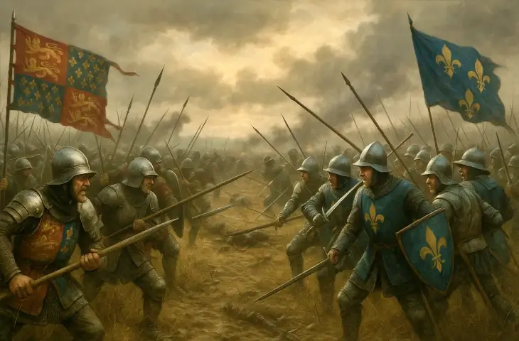 İngiltere ve Fransa ordularının karşı karşıya geldiği Yüzyıl Savaşları sahnesi; 1453 öncesi Avrupa’nın siyasi zayıflığını yansıtan tarihsel canlandırma.